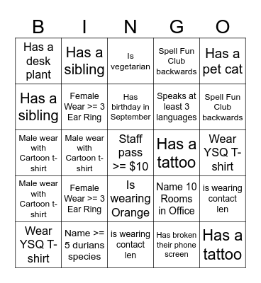 YSQ Human Bingo Card