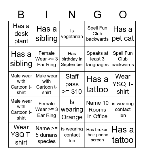 YSQ Human Bingo Card
