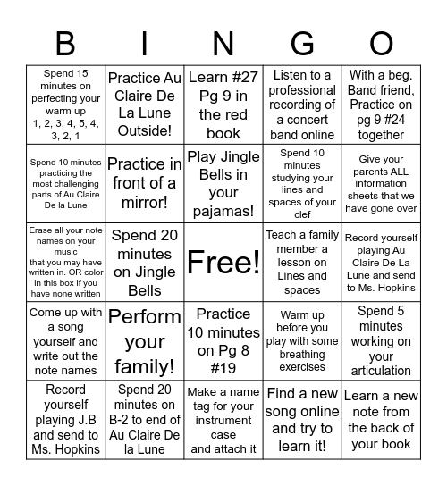 Beginning Band  Bingo Card