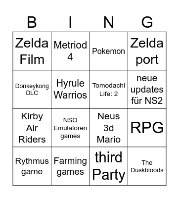 Nintendo Direkt Bingo Card