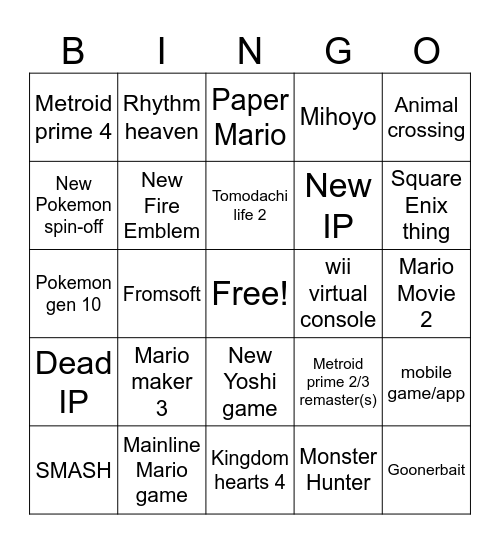 Nintendo Direct September 2025 Bingo Card