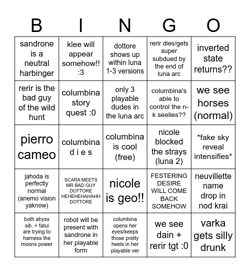 IT'S THE LUNA PHASES GORLLLLLLIEEEEE Bingo Card