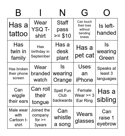 YSQ Human Bingo Card