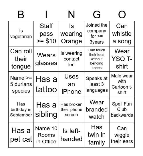 YSQ Human Bingo Card