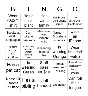 YSQ Human Bingo Card