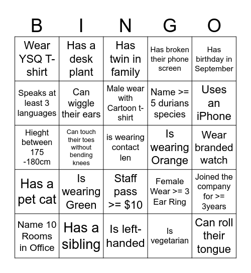 YSQ Human Bingo Card