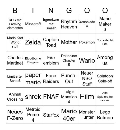 Nintendo Directus Bingo Card