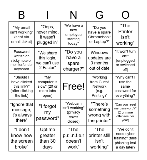 2023/2024 Technology Services BINGO Card