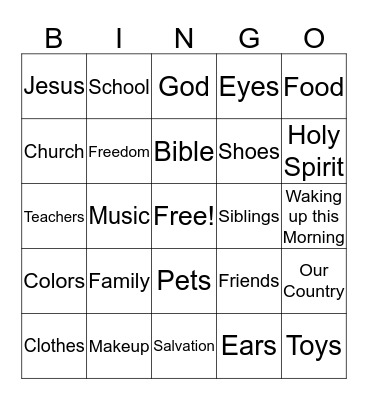 I am Thankful for... Bingo Card