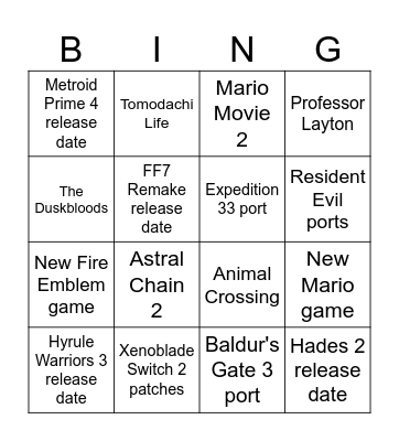 Nintendo Direct 12/9/25 Bingo Card