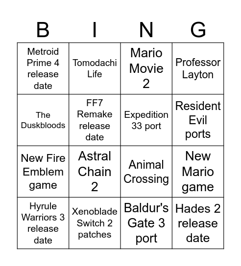 Nintendo Direct 12/9/25 Bingo Card