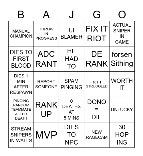 Bajingo Bingo Card