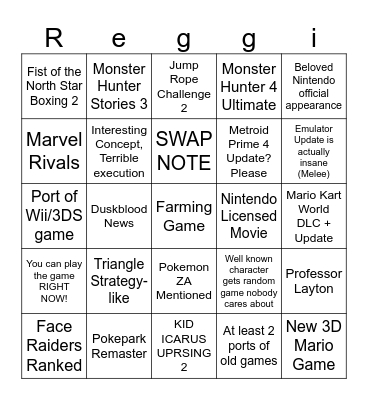 Nintendo Direct Bingo Card