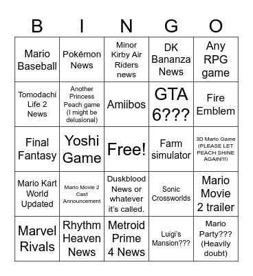 Nintendo Direct Bingo Card