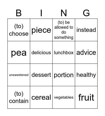 Eating habits Bingo Card