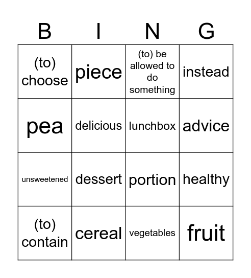 Eating habits Bingo Card