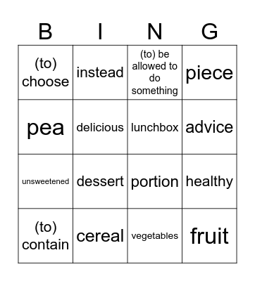 Eating habits Bingo Card