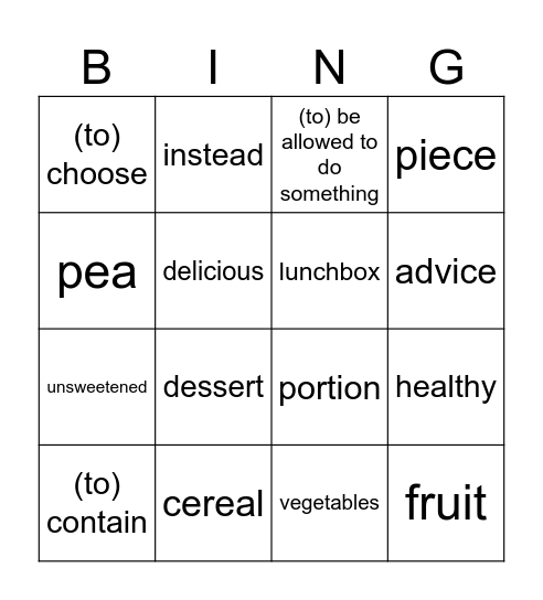 Eating habits Bingo Card