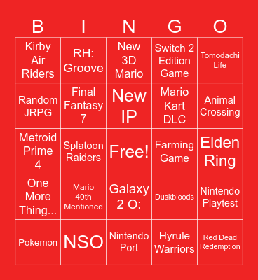 Nintendo Direct Bingo 9.12.2025 Bingo Card