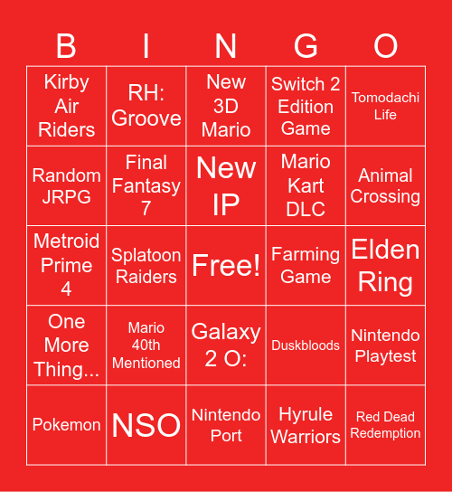 Nintendo Direct Bingo 9.12.2025 Bingo Card