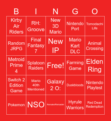 Nintendo Direct Bingo 9.12.2025 Bingo Card