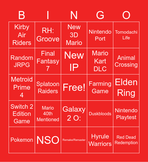 Nintendo Direct Bingo 9.12.2025 Bingo Card