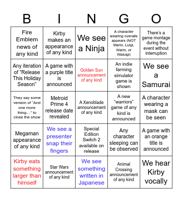 nintendo direct Bingo Card