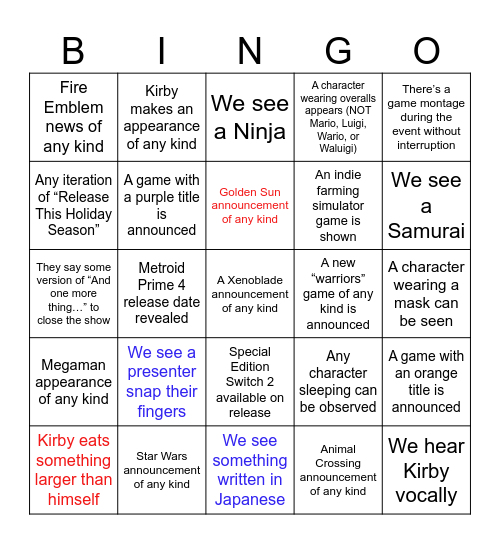 nintendo direct Bingo Card