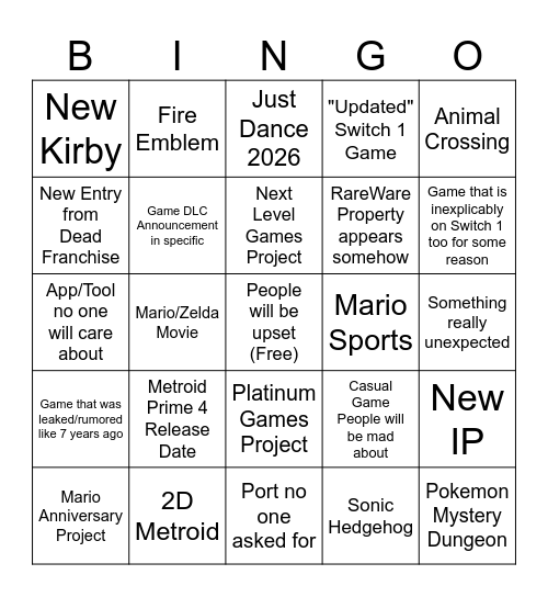 9/11 Nintendo Direct Bingo Card