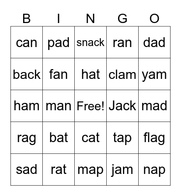Short A  Bingo Card