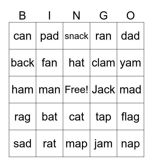 Short A  Bingo Card