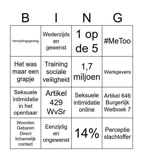 Seksuele intimidatie Bingo Card
