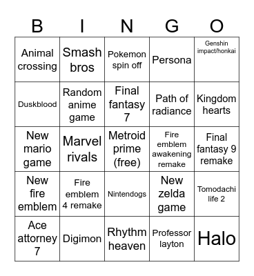 Nintendo Direct Bingo Card