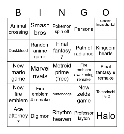 Nintendo Direct Bingo Card