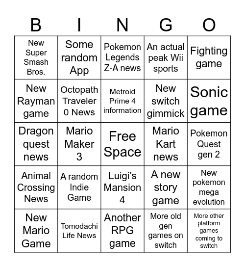 Nintendo Direct September 2025 Bingo Card