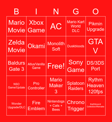 Nintendo Direct Bingo Card