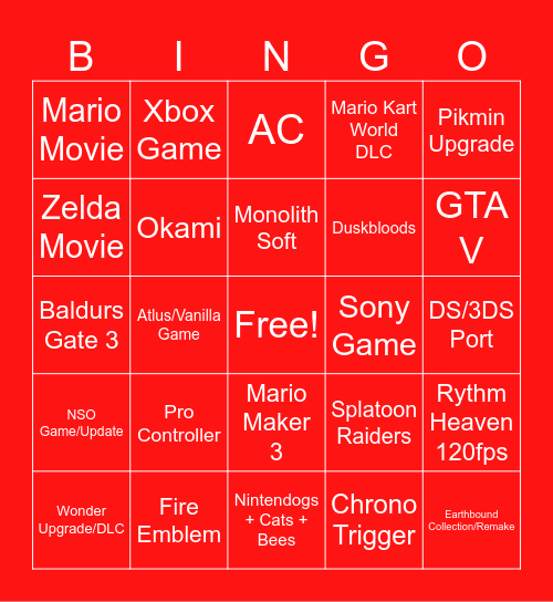 Nintendo Direct Bingo Card