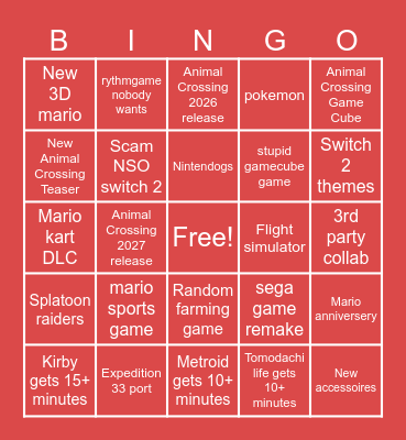 Nintendo Direct 2025 Bingo Card