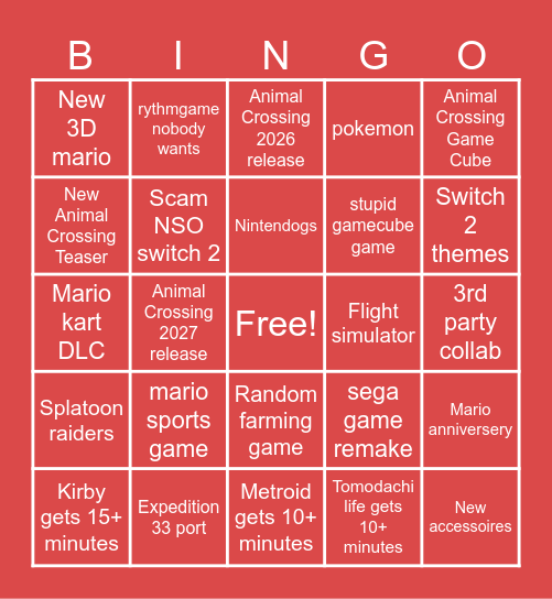 Nintendo Direct 2025 Bingo Card