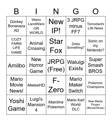 09/12 Nintendo Direct Bingo Card