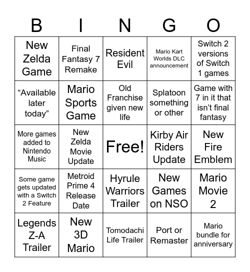 Nintendo Direct Bingo Card