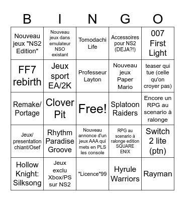Bingo du Nintendo Direct du 12 septembre Bingo Card