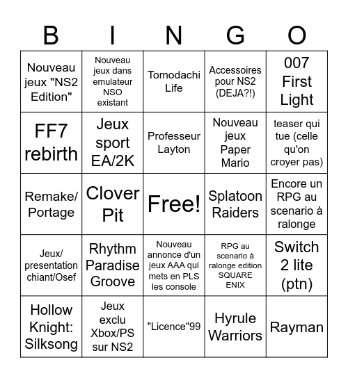 Bingo du Nintendo Direct du 12 septembre Bingo Card