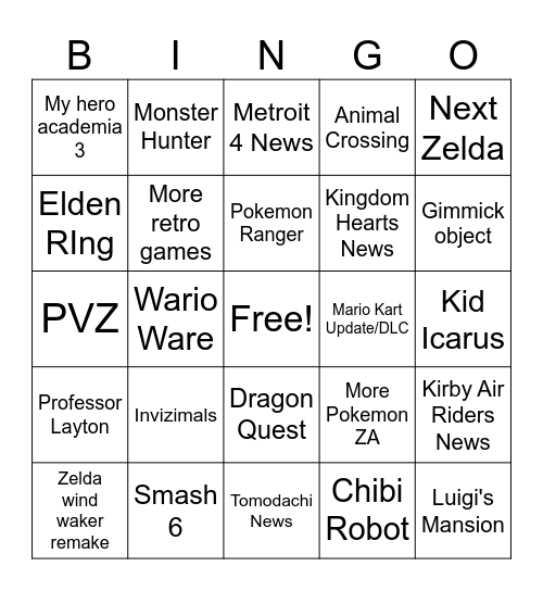 Nintendo Direct Bingo Card