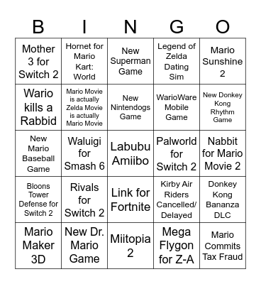 Nintendo Direct Predictions Bingo Card