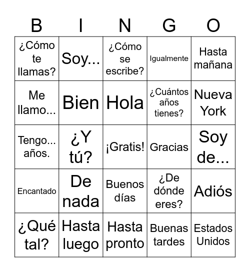 Basic Greetings and Introductions Bingo Card