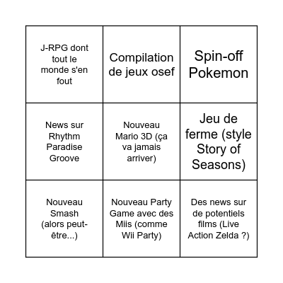 Nintendo Direct Bingo Card