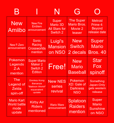 Nintendo Direct 2025-09-12 Bingo Card