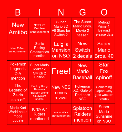 Nintendo Direct 2025-09-12 Bingo Card