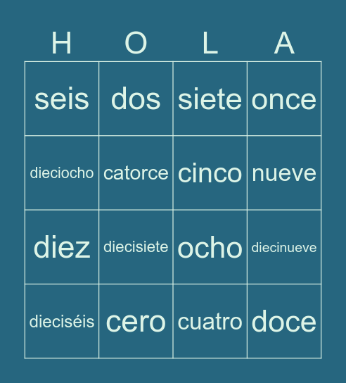 Los números del 0 al 20 Bingo Card